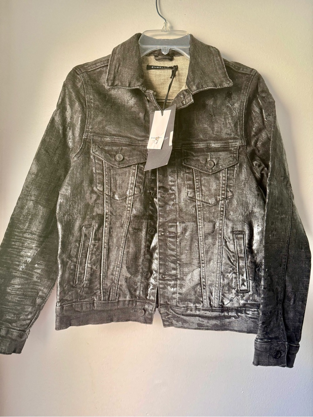 EMBELLISH Black waxed-finish Denim Jacket textured slightly shiny coating Men S